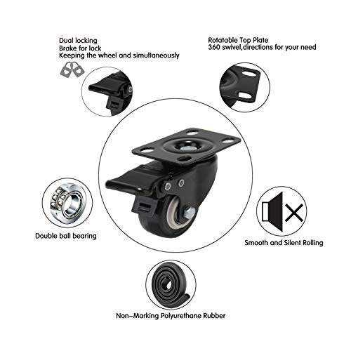 Moogiitools 2 inch Caster Wheels Set of 4（Pcs）, Lockable Bearing Plate Caster Wheels with Brakes, 360-degree Swivel Casters - Thumbnail 4