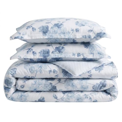 Image of Martha Stewart - King Comforter Set, 100% Silky Smooth Cotton Sateen Floral Bedding for Year Round Comfort, 3 Piece Bed Set with Matching Pillowcases (Songbird Blue)