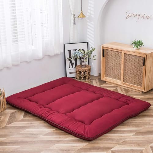 Image of MAXYOYO Japanese Floor Mattress Futon Mattress, Thicken Sleeping Pad Foldable Roll Up Floor Futon for Adults Tatami Mat Dormitory Lounger, Burgundy, Full Size