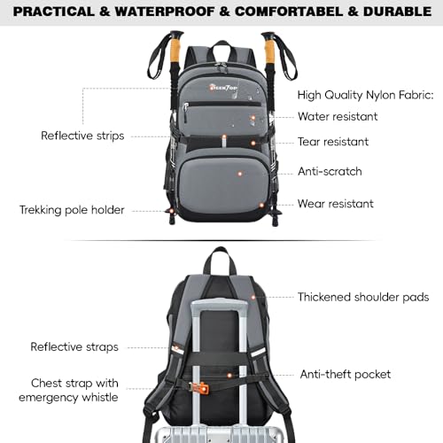 Seektop 40L Hiking Backpack Foldable Daypack for Women Men, Lightweight Travel Backpack Carry on Flight Approved Work Business Leisure Bag (Gray)