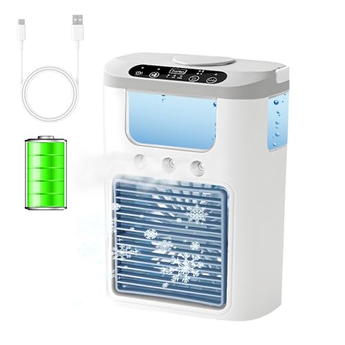 Timisea Mini aire acondicionado portátil: enfriador de aire 3 en 1 con 3 niveles de niebla, humidificación y depósito de agua de 600 ml para una refrigeración eficaz de la habitación. Silencioso