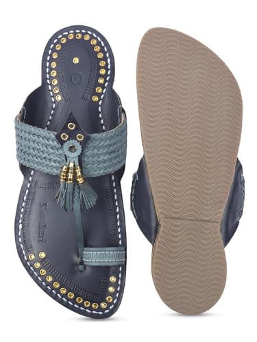 Image of KORAKARI Mens Handmade Kolhapuri Chappal Smooth and Comfortable, Stylish Durable Anti Slip Design Flip Flops Slippers Genuine Leather Traditional Indian Footwear.