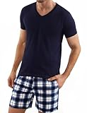 Bresdk Schlafanzug Herren Kurz Pyjama Set mit Schlafanzughose Nachtwäsche für Senioren Blau Weiß L