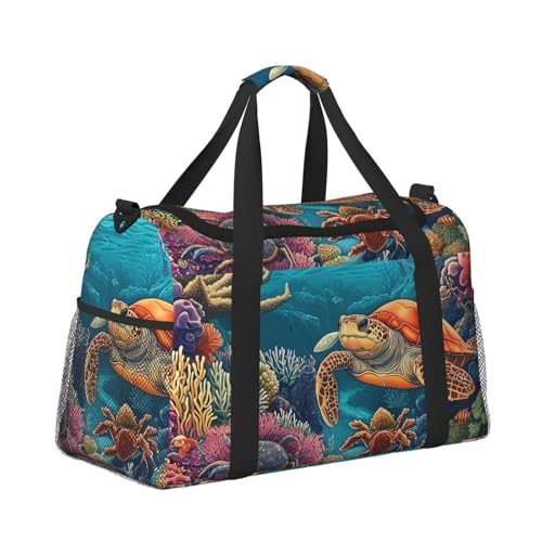 Coral Turtle Sea Duffle Bag Foldable Travel Tote Bag Carry On Large Weekender Overnight Bags Waterproof Gym Bag For Women Men