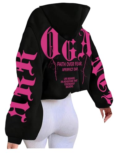 GORGLITTER Women's Y2k Oversized Graphic Hoodies Long Sleeve Pullover Hooded Sweatshirts Jackets Rave Outfits Trendy Black Small