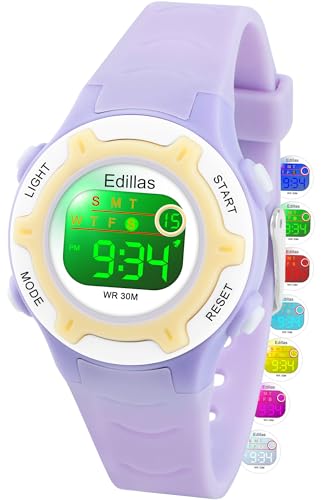 Edillas Kids Watches Digital Girls Boys, 7 Colors Light Waterproof Sport Outdoor Multifunctional Wristwatch for Child with Stopwatch/Alarm for Ages 4-15