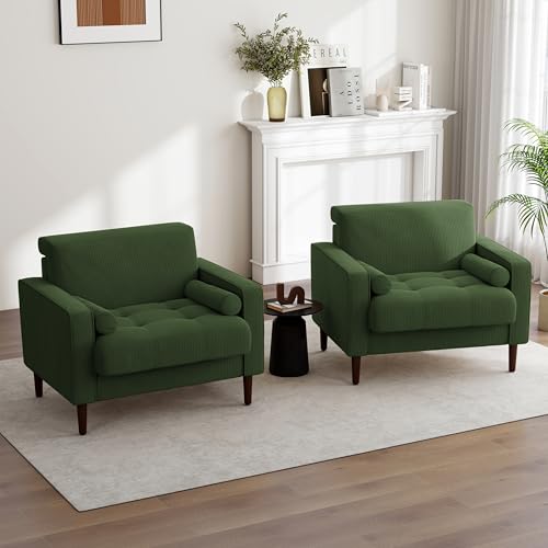 Image of Accent Chairs Set of 2, Corduroy Fabric Upholstered Armchair Mid-Century Modern Arm Chair for Living Room, Comfy Single Sofa Bedroom Side Reading Seat - Green