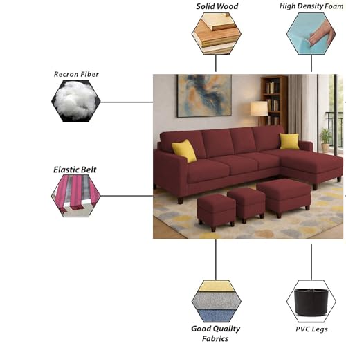 Image of Casaliving Rolando Seater L Shape Sofa Set for Living Room Right Side (Maroon, 6 Seater with Ottomon - RHS)