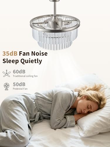 Image of 20 inch Silver Crystal Fandelier Ceiling Fans with Lights, Caged Silver Crystal Chandelier Ceiling Fan with Light Remote Control with 6 Speeds for Bedroom, Nursery, Living Room