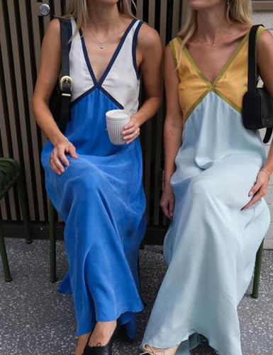 Image of Womens Summer Color Block Satin Dress Loose V Neck Contrast Patchwork Flowy Beach Vacation Long Tank Maxi Dresses
