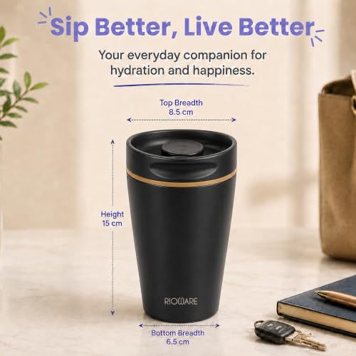 Image of Rioware Vacuum Insulated Coffee Mug Travel Tumbler for Men | Tea Thermos Flask Mugs | Temperature Control Traveling Spill Proof Sipper Bottle | Hot 8 Hrs & Cold 12 Hrs - 350ml - Black