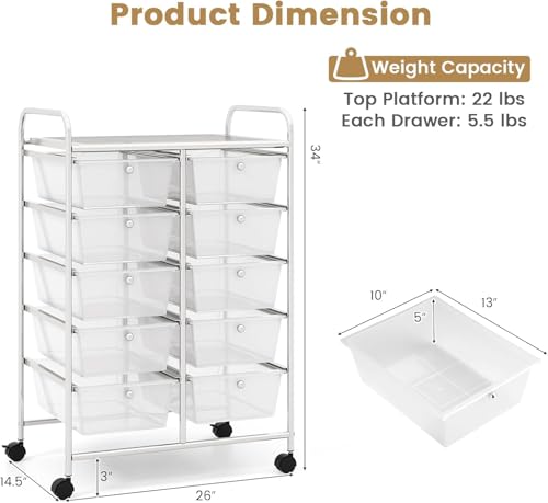 Image of LDAILY 10 Drawer Rolling Cart, Storage Cart Organizer on Wheels, Drawer Cart with Metal Frame & Large Storage Capacity, Rolling Cart with Drawers for Living Room Classroom, Office