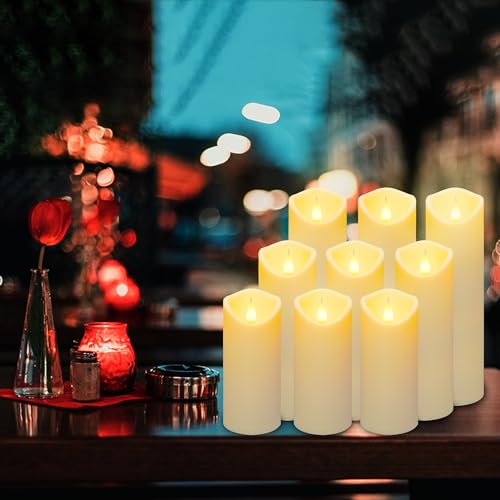 Image of Aignis 9pcs Flameless LED Candles Battery Operated with 10-Key Remote & Timer, Indoor Heat Resistant, 3D Wick with Warm Flickering Glow for Cozy Home /Wedding /Holiday Decor (D 2.2 inch x H 5 inch /6 inch /7 inch)