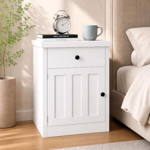 Image of LIKIMIO Modern Nightstand with Drawer & Cabinet, for Bedroom /Living Room | Farmhouse Bedside Table,Ample Storage, Sturdy and Durable, Easy Assembly, White