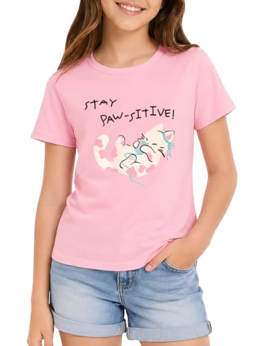 Image of Dvenki Girls Graphic Short Sleeve Crewneck T-Shirt Sizes 6-18 | breathable soft cotton blend, cute graphic prints, summer little and big girls tee, ideal casual wear for school, daily