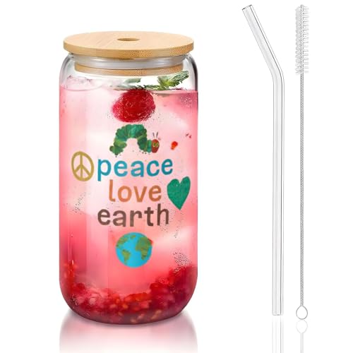 ガラスコップ はらぺこあおむし 絵本 タンブラー 木製のふた付き ステッカー グラスカップ コーヒーカップ タンブラーグラス 蓋付きとストロー 大容量 おしゃれ 耐熱 Diy プレゼント 450ml