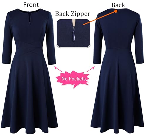 Image of VFSHOW Womens Work Business Front Zipper A-Line Dresses 3 /4 Sleeve Office Church Fit and Flare Skater Swing Knee Length Dress