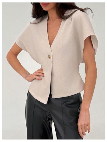 MakeMeChic Women's V Neck Blazer Top Single Button Short Sleeve Plain Office Suit Blazers4