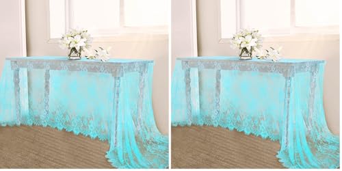 B-COOL 2 Pieces Lace Tablecloth 60 x 120 Inch Blue Wedding Rectangle Table Overlay Lace Fabric for Rustic Vintage Party Baby Shower Outdoor Dinning Table Decor (Pack of 2)