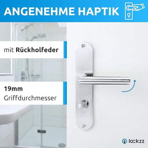 lockzz Türgriff Drückergarnitur Nürnberg Edelstahl Matt Gebürstet – Langschild L-Form für Badezimmertüren & WC – Badtürbeschlag Set mit WC-Riegel & Hochhaltefeder – Renovierungsgarnitur Innentür