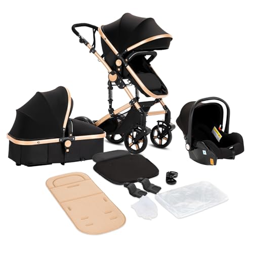 Image of Sianldcone 3 in 1 Baby Stroller Travel System Combo Set, Reversible Convertible Infant Stroller with One-click Folding, Toddler Newborn Pram Carriage with Aluminum Frame (MG588-BLACKGOLD without Base)