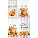 Yozhiron 4 Pack Fall Kitchen Towels - 18x26in Ultra Soft Microfiber Dishcloths with Pumpkin Design, Reusable Thanksgiving Design Tea Towels for Autumn Home Decor & Gift Giving‌