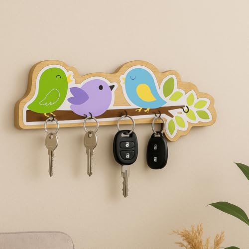 Image of Wooden Three Cute Birds Wall Mount Key Hanger for Home Office Decorative Wall Mounted Stylish Key Hanger for Home Decor (V-Keyholder - 3 Birds)