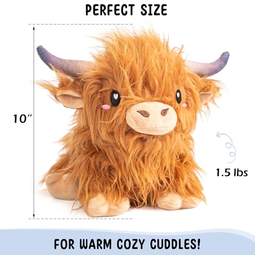 Image of Happy Fuel Highland Cow Microwavable 1.5lbs Unscented Heating Pad for Women & Kids- Cute Soft Cozy Pillow Plush Heatable Warm Stuffed Animals- Kawaii Hot & Cold Plushie Toy- Cow Gifts for Girls & Boys