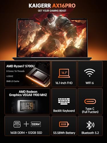 Kaigerr Gaming Laptop, Laptop With Amd Ryzen 7 5700U (8C/16T, Up To 4.3Ghz), 16Gb Ram 512Gb Nvme Ssd Laptop Computer, Radeon Rx Vega 8 Graphics thumb #1