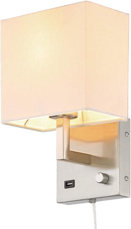 HomeFocus - Bedside Wall Light t with USB Fast Charging Port,(USB 5V 2A),Wall Lamp,Wall Light,Wall Sconces,Wall lamp for Bedroom,Living Room,Office,Hotel,Metal,Satin Nickel,White Linen Shade.
