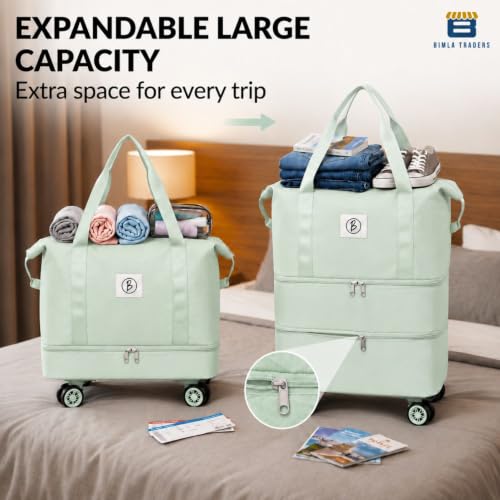 Image of Btag Travel Duffle Bag with Wheels | Convertible Handbag,Trolley & Shoulder Luggage for Clothes | Space-Saving Foldable Travel Companion |Expandable & Waterproof Traveling Bag for Unisex (Fruit Green)