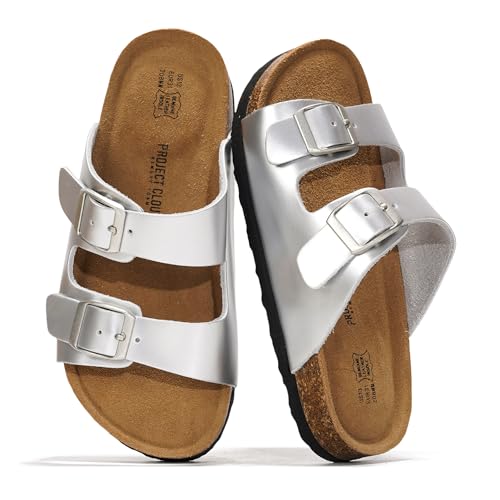 Project Cloud Kids Sandals 100% Genuine Leather - Natural Cork Footbed Non-Slip Slides for Kids - Lightweight Boys & Girls Sandals - Water-Resistant Girls & Boys Sandals(Little Venita SILVMETACT 4)