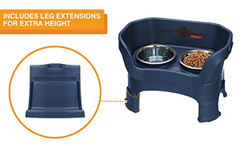 Neater Feeder Deluxe Mess Proof Dog Bowls Elevated Medium Sized Dogs (19-40 lbs) Made in USA, No Spill Raised Dog Food Bowl Stand w/Leg Extension, Stainless Steel Food and Water Bowl Set, Dark Blue