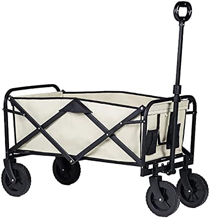 Foldable Beach Cart Collapsible Folding Utility Wagon Outdoor Heavy Duty Garden Cart with Universal Wheels Adjustable Handle and 2 Cup Holders Trolley Camping Cart for Grocery Camping Gardening Bea