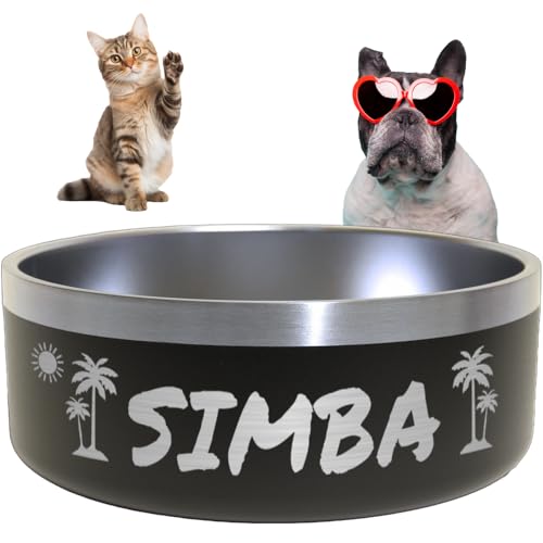 Personalized Dog Bowl with Palms + Sun - Engraved, Nonslip, Custom Dog, Cat Bowl, 304 Stainless Steel