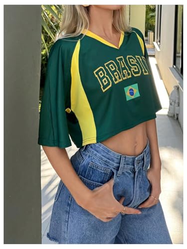 SHENHE Women's Y2k Soccer Jersey Top Brazil Crop Top Short Sleeve Graphic Loose Jersey Shirt3