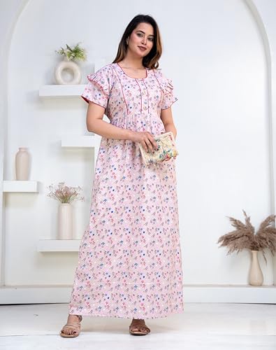 Image of Pure Cotton Designer Nighty for Women | Night Gown | Nightdress | Maxi Nighty | Sleepwear | Jaipuri Nighty | Nighties | Cotton Night Gown for Women /Girls with Belt Pink
