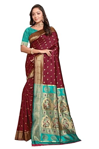 Image of C J Enterprise Women's Pure Kanjivaram Silk Saree Paithani Soft Wedding Sarees With Blouse Piece (Chand paithani)