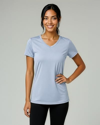 Real Essentials Verpakking van 5 stuks, sport-T-shirt met korte mouwen en V- hals voor dames, Dry-Fit, vochtafvoerende yogatop (verkrijgbaar in grote maten), S