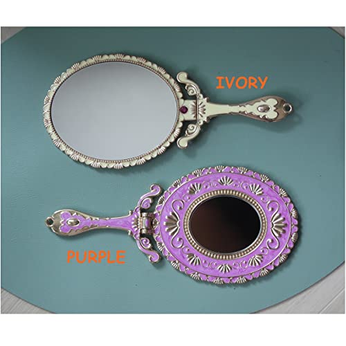 Sehamano Vintage Colorful Hand Mirror, Double Sided 1X/2X Magnifying Foldable Makeup Metal Mirror For Handheld, Table, Desk And Travel (Purple) #TOP7