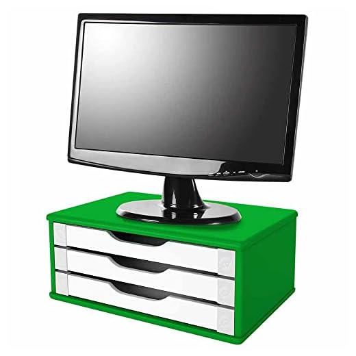 Suporte de Monitor 3 Gavetas, Mdf Verde C/Gaveta Branca - Souza e Cia (Ref: 3358), VERDE COM BRANCO