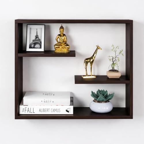 Image of Wooden Floating Shelf Wall Mount for Bedroom - Engineered Wood Display Rack for Living Room, & Office - Modern Wall Storage Shelf for Decor, Plants & Showpieces (Dark Brown, 50 x 20 x 53 cm)