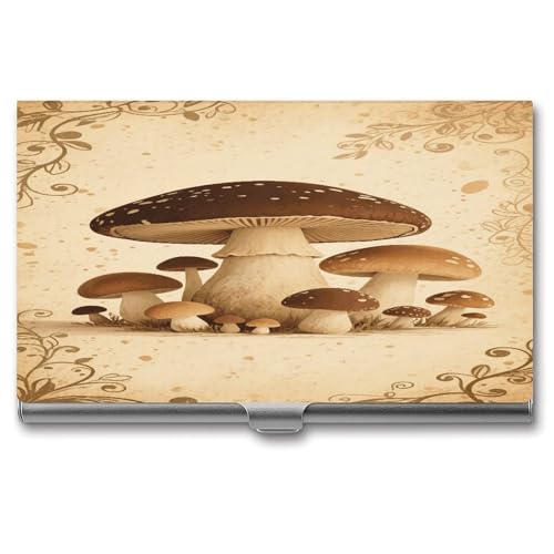 VstaDank Vintage Mushroom Business Card Holder Fashion Metal Business Card Case Professional Credit Card Protector Aluminum Alloy Flip Cover Slim Name Card Case Holder for Men Women