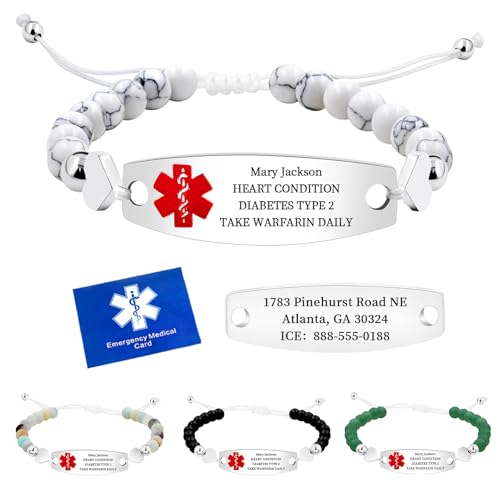 Medical Alert Bracelets for Women with Emergency Identification Card, Custom Medical ID Bracelet withBlessed Natural Stone, Free Engraving