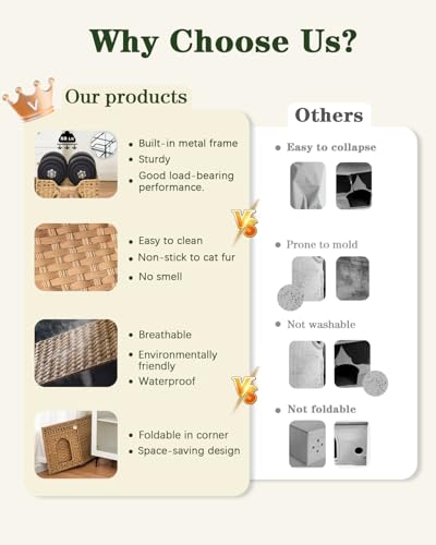 Cat Beds Indoor Kitten House, Handwoven Rattan Cat Cave Pet Cube, Large Cat Houses, One Bed Mat, Foldable, Hideaway, 16.5x16.5x13.2 Inches, 2 S-Shaped Hooks in Living Room Bedroom Natural - Image 5