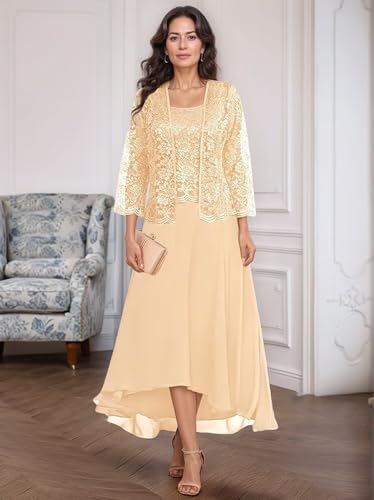 2 Piece Mother of The Bride Dresses Tea Length Chiffon Lace Mother of The Groom Dresses with Jacket2