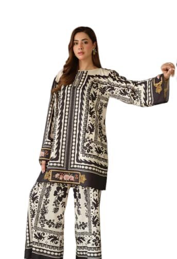 Cordset Women's Printed Tunic and Palazzo Set, Black and White Floral Pattern-image-44