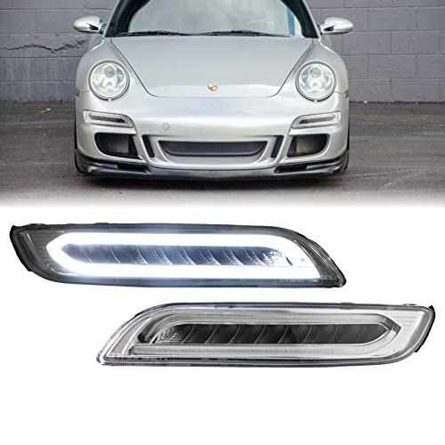 USR 05-08 911 997 LED Front Bumper Signal Lights Assembly Set (Left + Right) Compatible with 2005-2008 Porsche 911 Carrera 997.1 (Turbo Style LED Amber White Switchback, Clear Lens, Plug and Play)