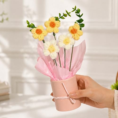 Image of Art Street Handmade Crochet Flower Bouquet with Pot | Yellow & White Knitted Artificial Flowers with Green Leaves & Ribbon | Cute Forever for Home Decor, Birthday, Anniversary