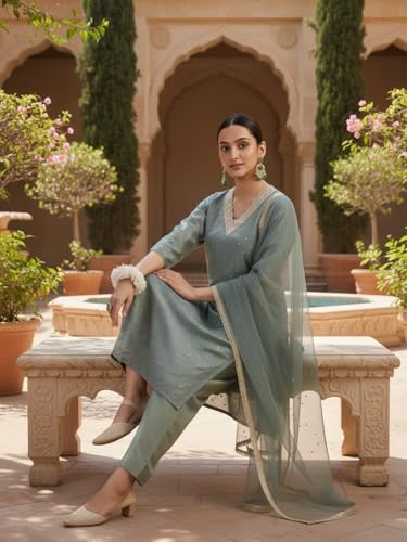 Image of Avanshee Women's Chanderi Cotton Silk with Zari Embroidery Kurta & Silk Crepe Pant Set And Net Dupatta Ethnic Wear Salwar Suit Set (ES 7539)
